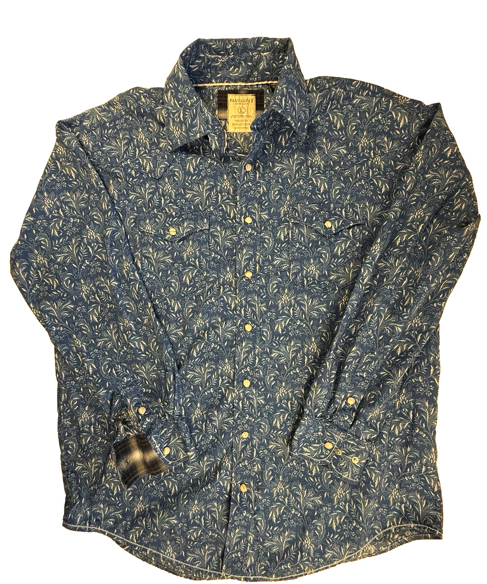 Panhandle Rough Stock Western shirt Large Blue Floral Pearl snaps Cotton Cowboy